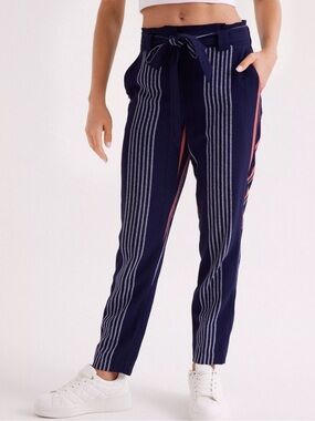Express Navy Blue Striped Ankle Pants with Pink Accents